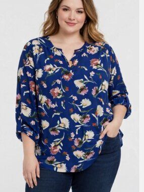 APT. 9 Women’s Popover Blouse Blue Floral Print 3/4 Sleeves V-Neck sz 2XL